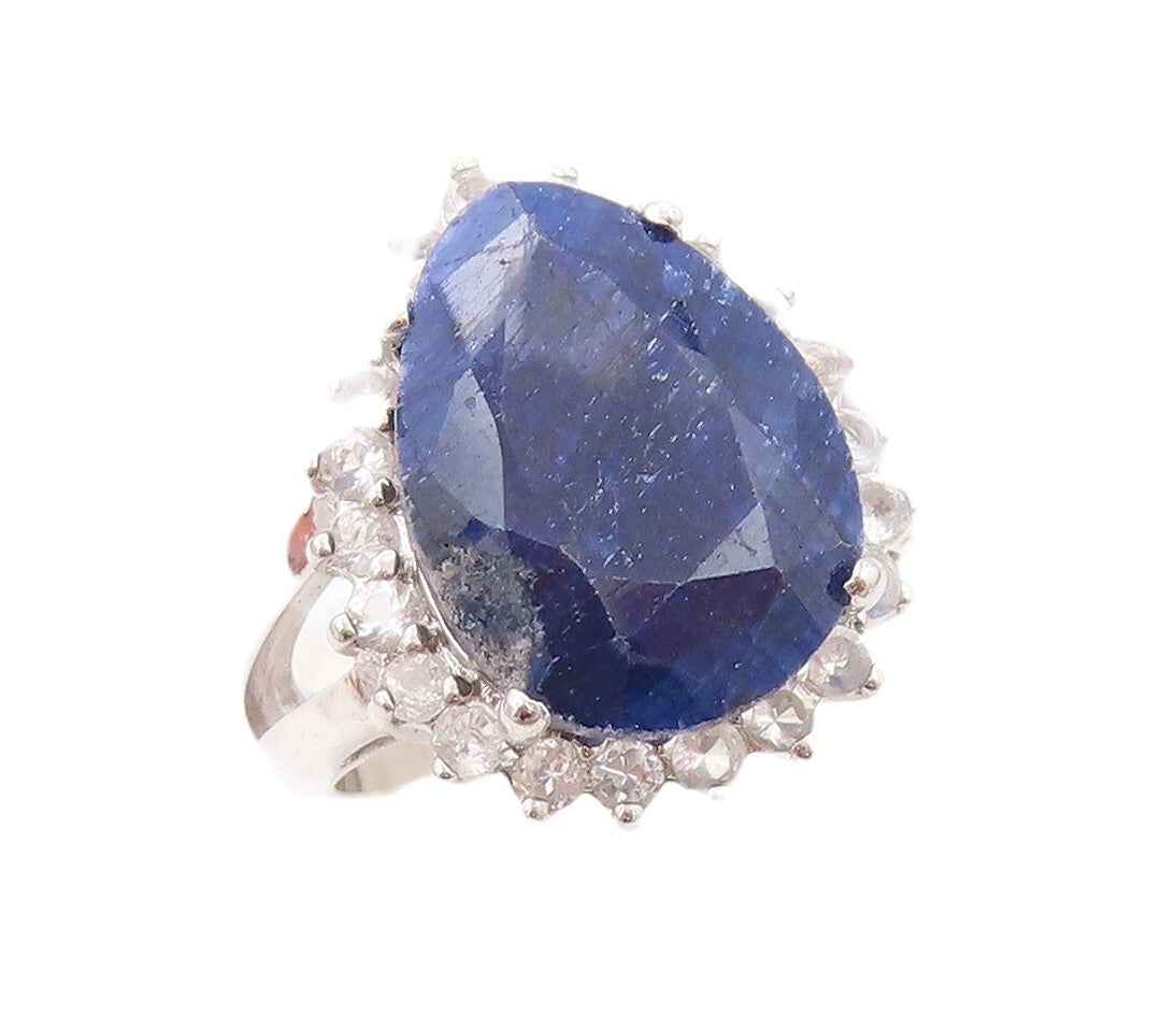 925 Sterling Silver Vintage Ring Drop Cut Sapphire Halo Topaz  Sz 7 RG30607