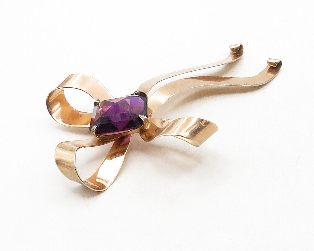 925 Sterling Silver  Vintage Amethyst Bow Tied Ribbon Shiny Brooch Pin  BP4909