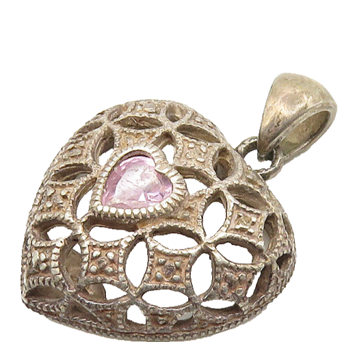 925 Sterling Silver  Vintage Pink Topaz Love Heart Dome Pendant  PT14205