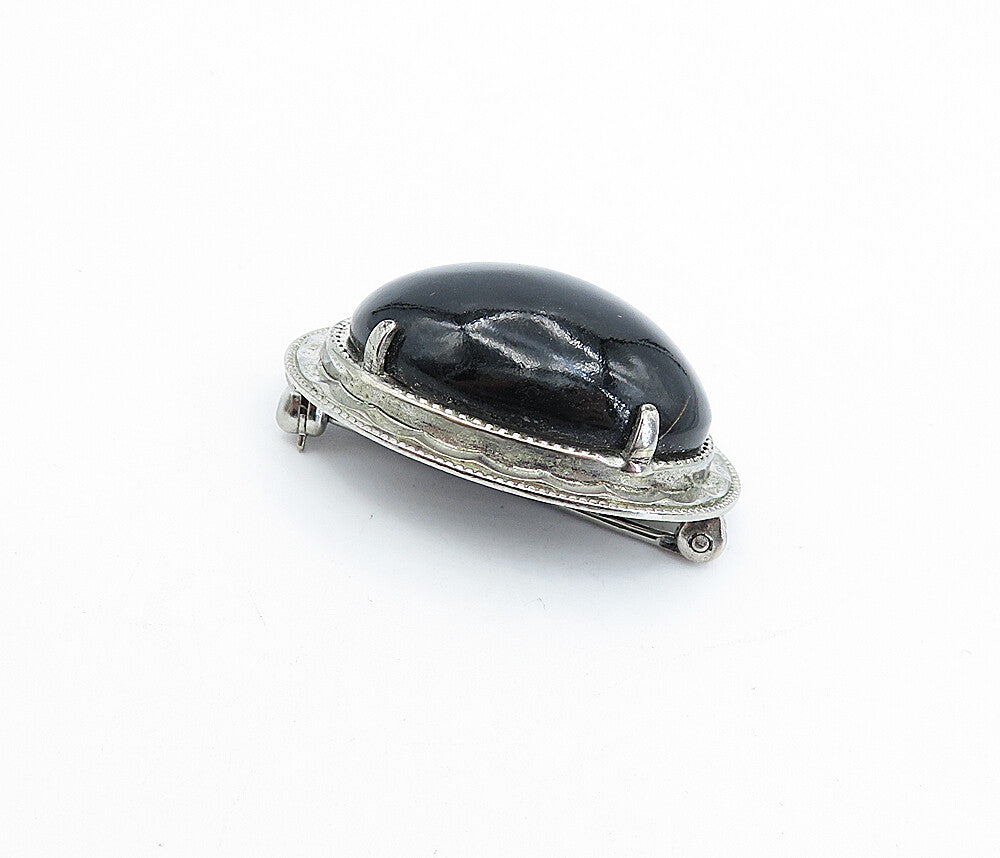 925 Sterling Silver  Vintage Cabochon Cut Black Onyx Oval Brooch Pin  BP1156