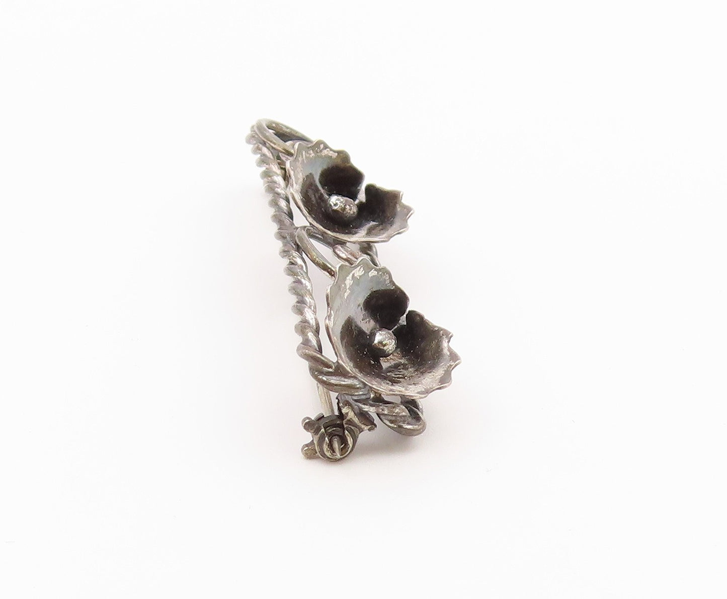 MICHELE 925 Silver  Vintage Double Bellflower Twisted Rope Brooch Pin  BP9729