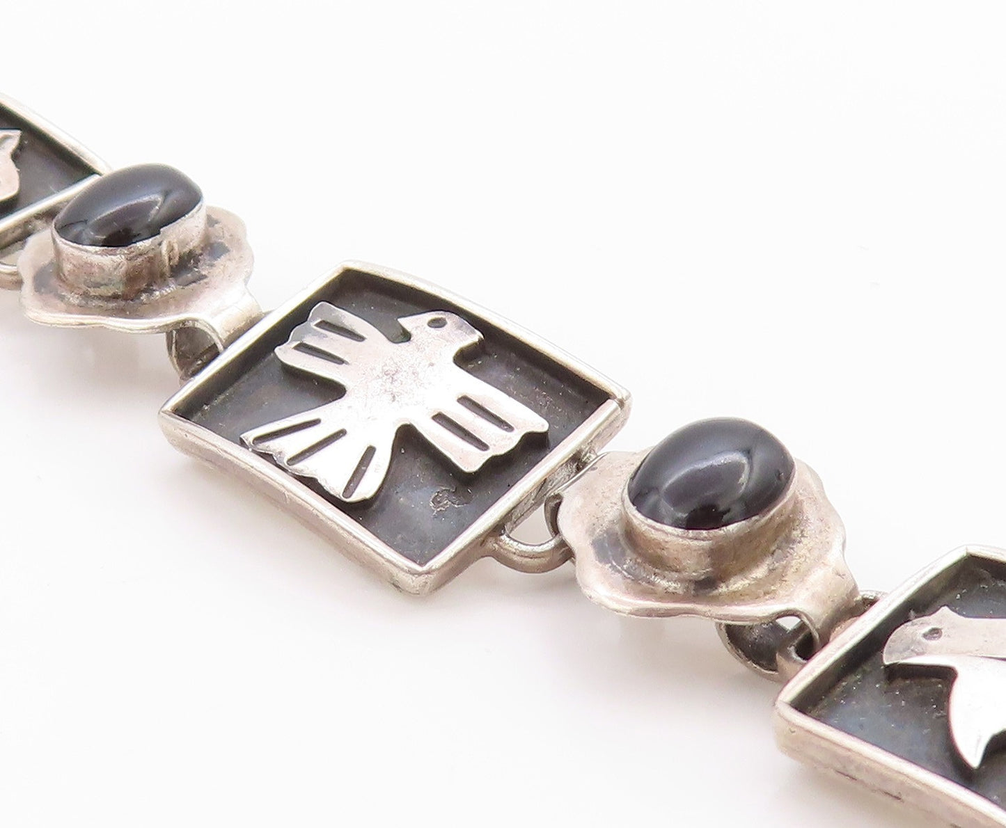 925 Sterling Silver Vintage Bracelet MEXICO Onyx Animals Motif Design  BT11364