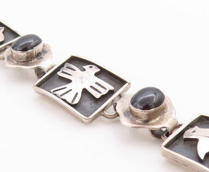 925 Sterling Silver Vintage Bracelet MEXICO Onyx Animals Motif Design  BT11364