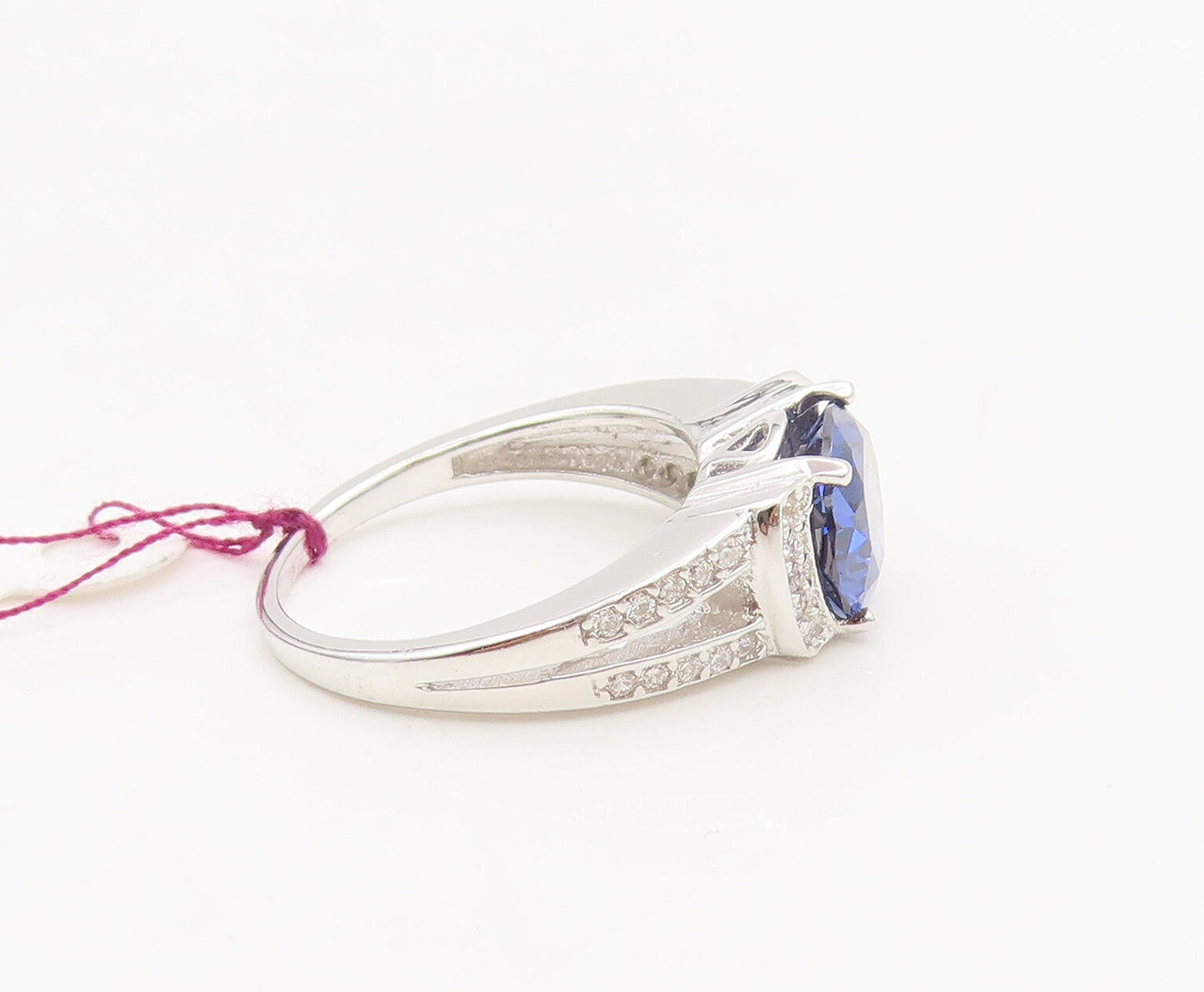 925 Silver  Vintage Minimalist Blue & White CZ Split Neck Ring Sz 5  RG27131