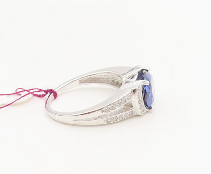 925 Silver  Vintage Minimalist Blue & White CZ Split Neck Ring Sz 5  RG27131