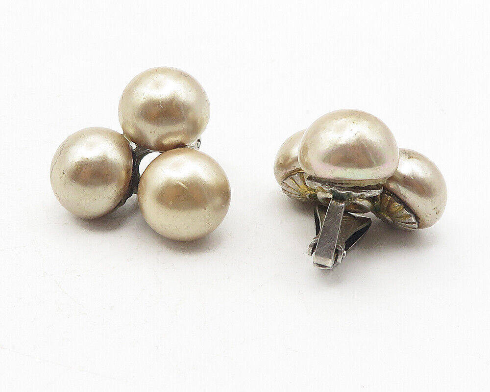 925 Sterling Silver  Vintage Golden Pearls Floral Non Pierce Earrings  EG6018