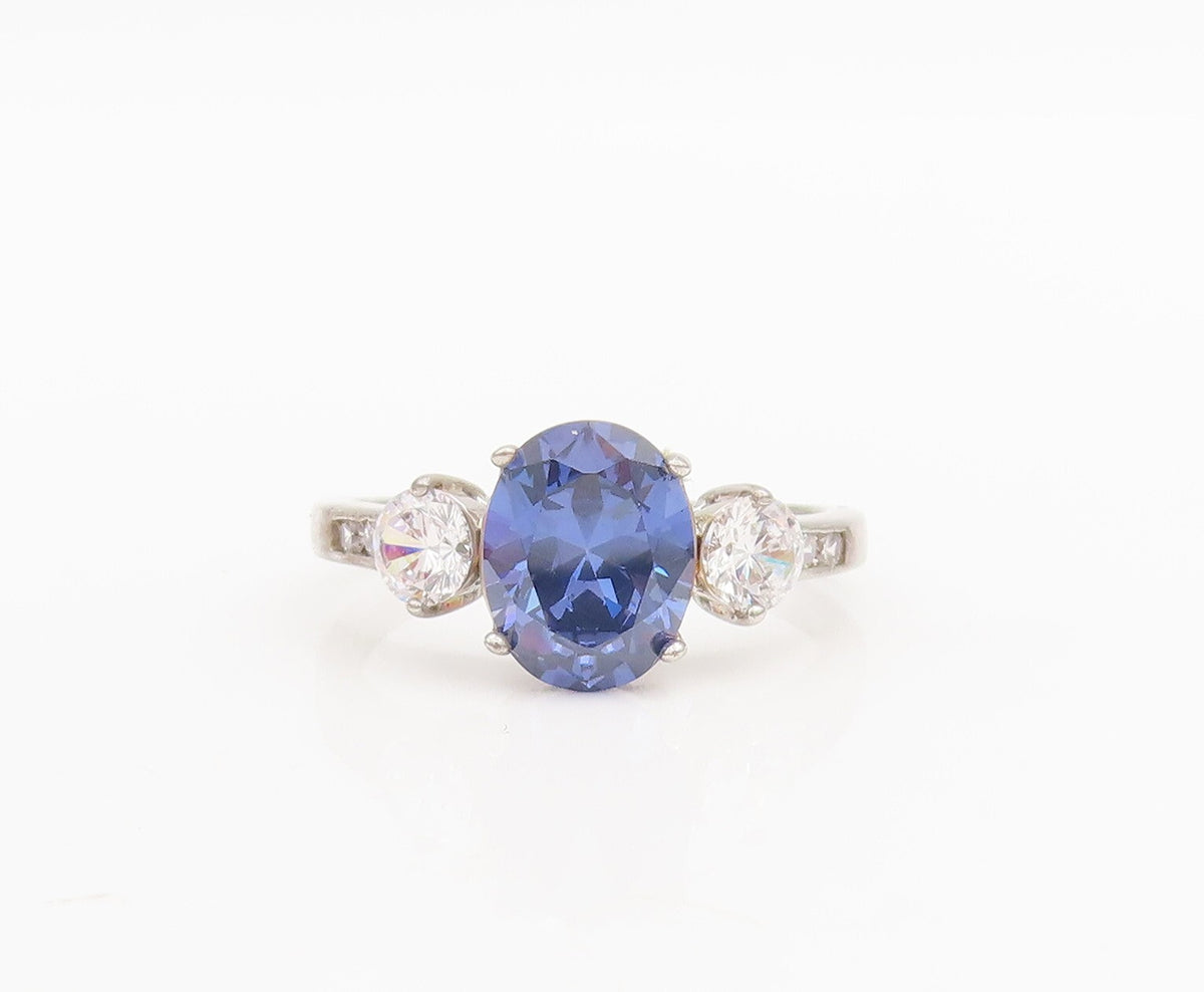925 Sterling Silver Vintage Ring Oval Sapphire Round CZ Sidestone Sz 7.5 RG29042