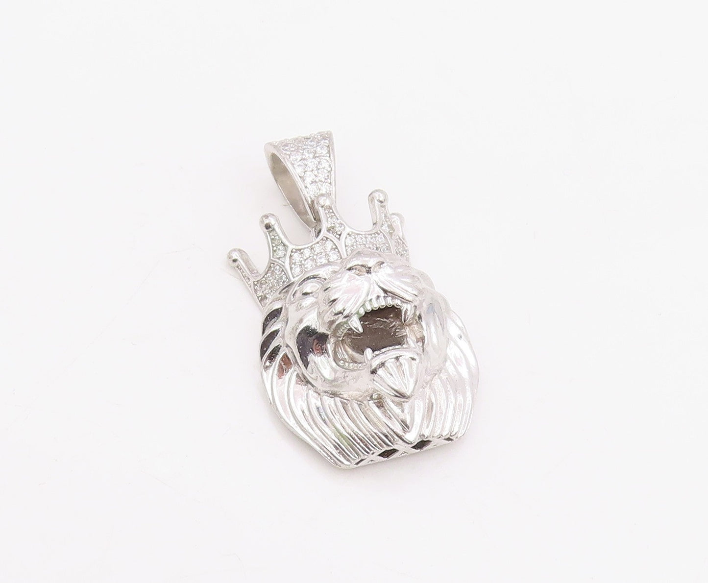 925 Sterling Silver Vintage Pendant CZ Crowned Roaring Lion King Charm  PT25737