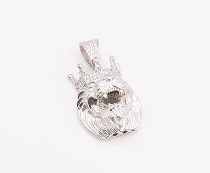 925 Sterling Silver Vintage Pendant CZ Crowned Roaring Lion King Charm  PT25737