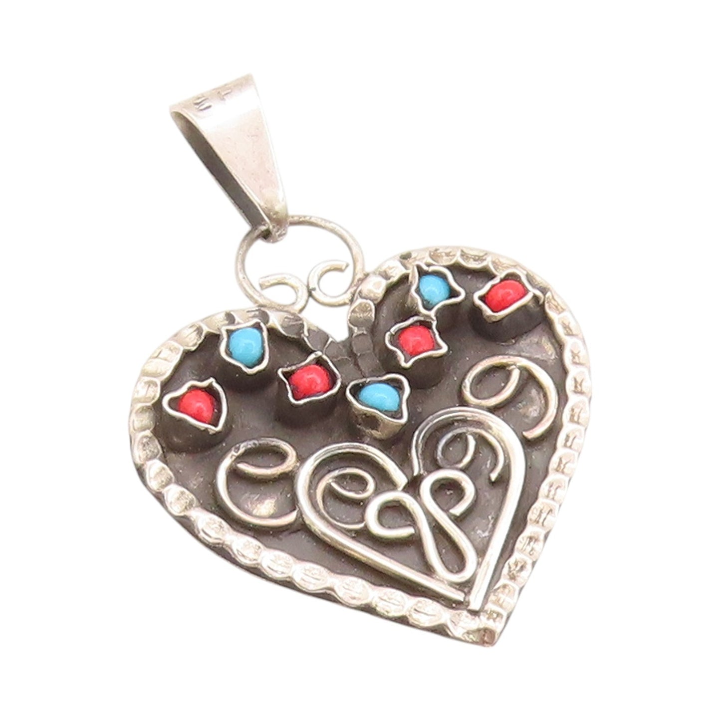 925 Sterling Silver Vintage Pendant Antique Etched Turquoise Heart  PT24210