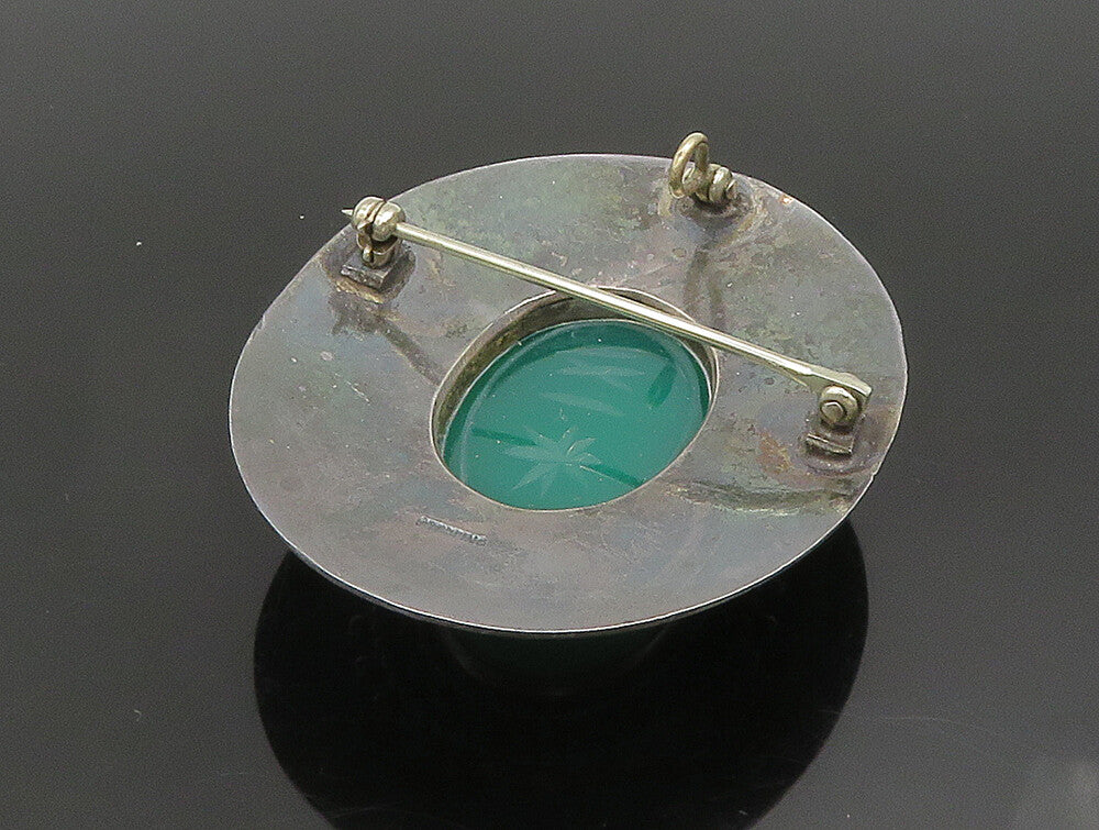 925 Sterling Silver  Vintage Etched Green Carnelian Beaded Brooch Pin  BP9499