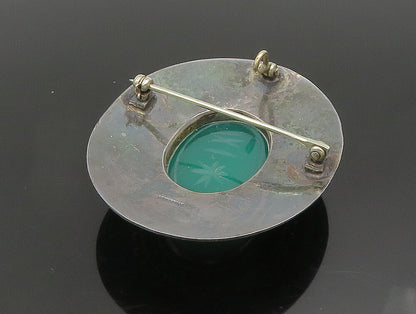 925 Sterling Silver  Vintage Etched Green Carnelian Beaded Brooch Pin  BP9499
