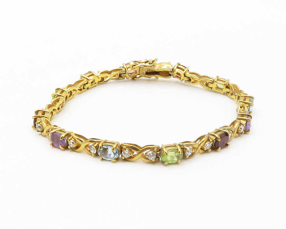 925 Sterling Silver  Amethyst Peridot Amethyst & Garnet Chain Bracelet  BT5453