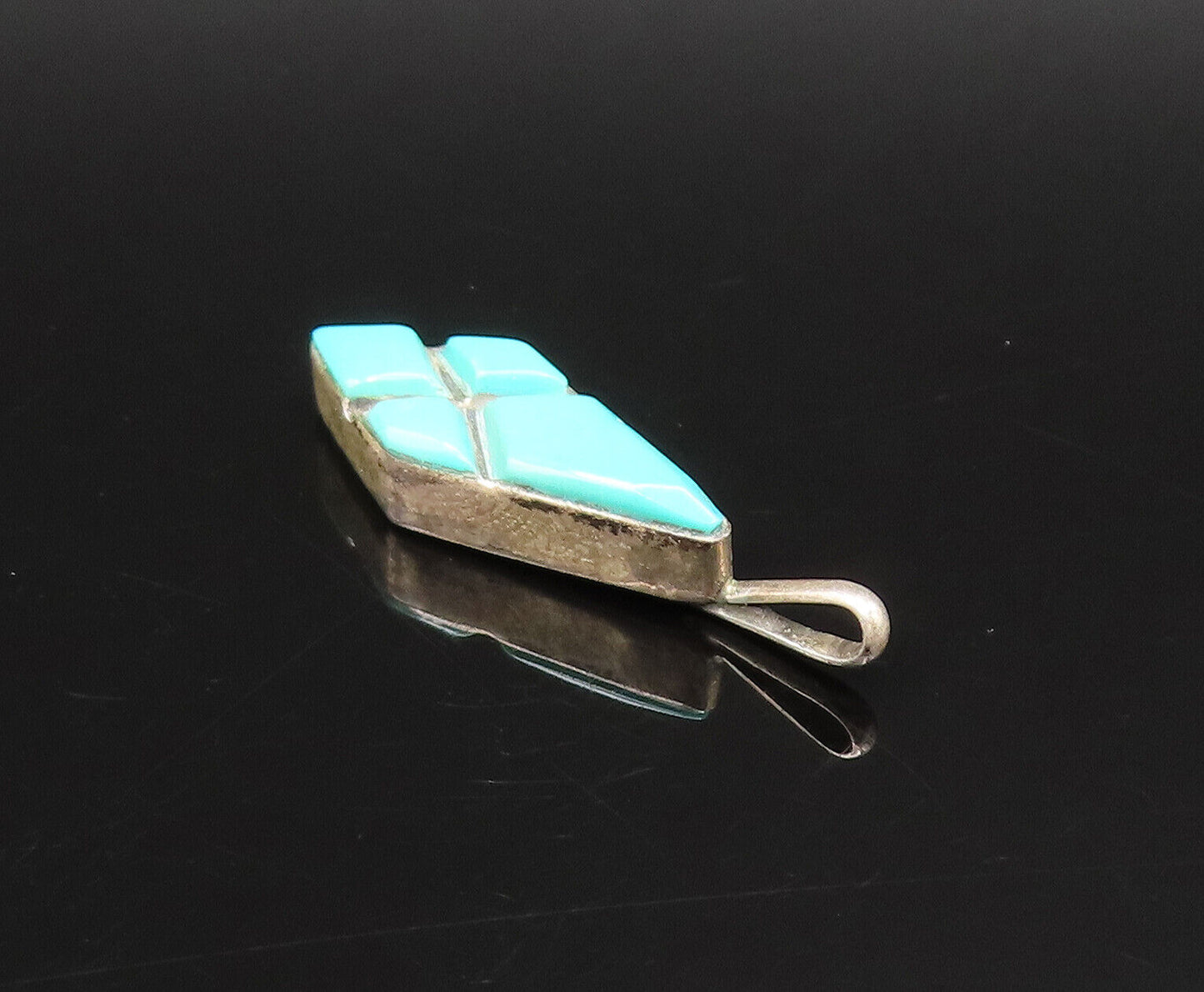 ZUNI NAVAJO 925 Silver - Vintage Diamond Shaped Turquoise Drop Pendant - PT21260