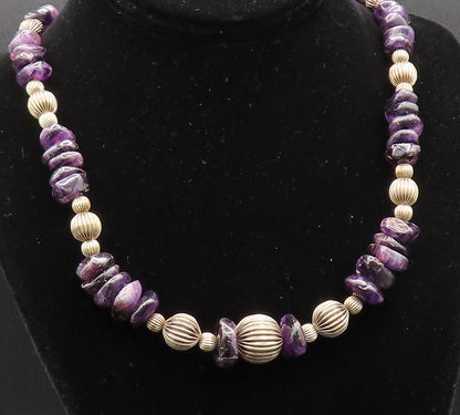 925 Sterling Silver  Vintage Ribbed Sphere & Charoite Pattern Necklace  NE3909
