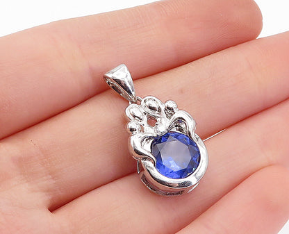 925 Sterling Silver  Faceted Blue Topaz Shiny Family Love Drop Pendant  PT2784