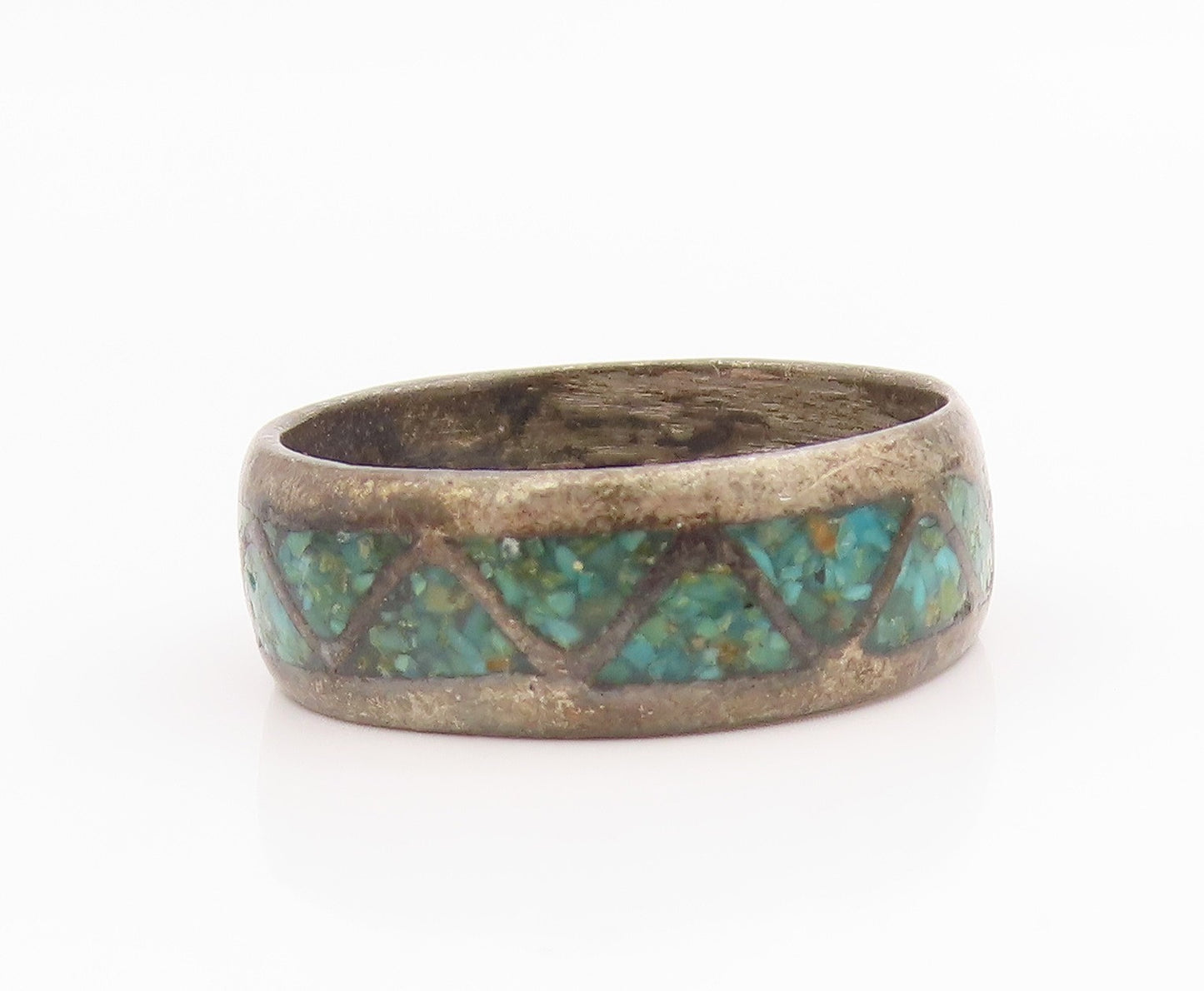 925 Sterling Silver Vintage Ring Crushed Turquoise Triangle Inlay Sz 10 RG35686