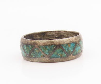 925 Sterling Silver Vintage Ring Crushed Turquoise Triangle Inlay Sz 10 RG35686