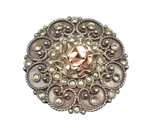 GREECE 925 Silver  Vintage Rose Tone Flower Marcasite Dome Brooch Pin  BP9985