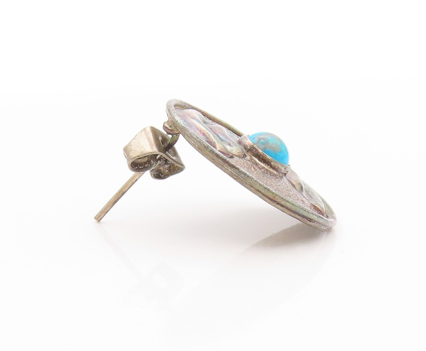 925 Sterling Silver Vintage Earrings Antique Etched Turquoise Disk  EG13593