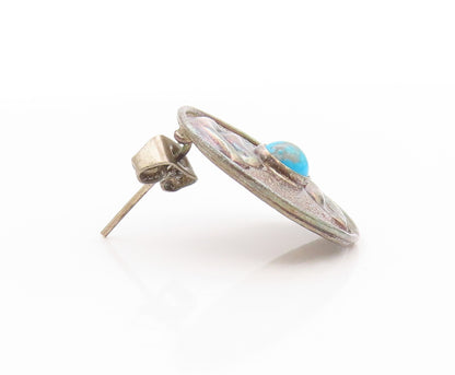 925 Sterling Silver Vintage Earrings Antique Etched Turquoise Disk  EG13593