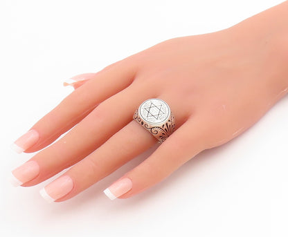 925 Sterling Silver Vintage Ring Star Of David Floral Signet Band Sz 8.5 RG33838