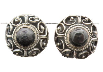 MEXICO 925 Silver  Vintage Onyx Domed Swirly Carved Round Earrings  EG12620