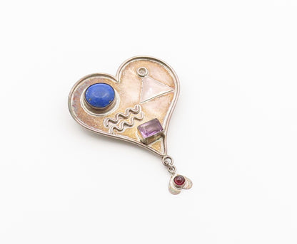 925 Sterling Silver Vintage Brooch Pin Multi Gemstone Mystic Love Heart  BP12640
