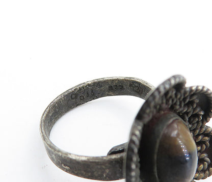 MEXICO 925 Silver  Vintage Tiger's Eye Floral Twist Cocktail Ring Sz 7  RG7397