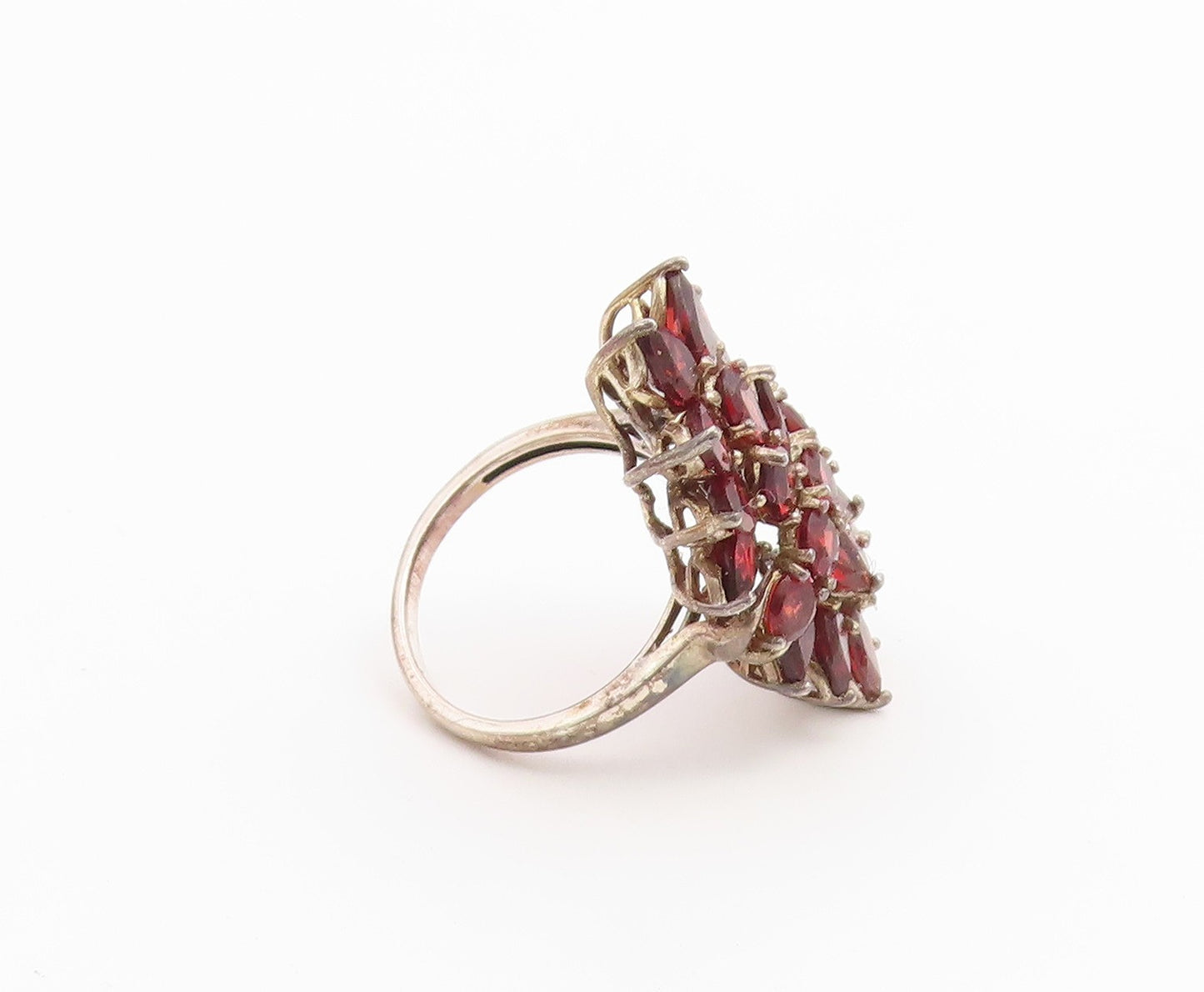 925 Sterling Silver Vintage Ring Garnet Cluster Statement Band  Sz 8  RG36756
