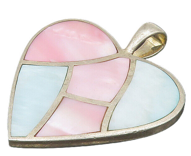 ESPO SIG 925 Silver  Vintage Pink & Blue Mother Of Pearl Heart Pendant PT16970