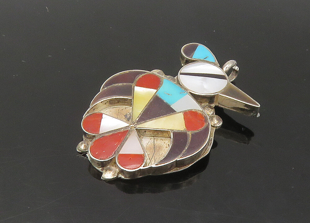 ZUNI NAVAJO 925 Silver Vintage Turquoise & Multi Stone Bird Pendant PT18218