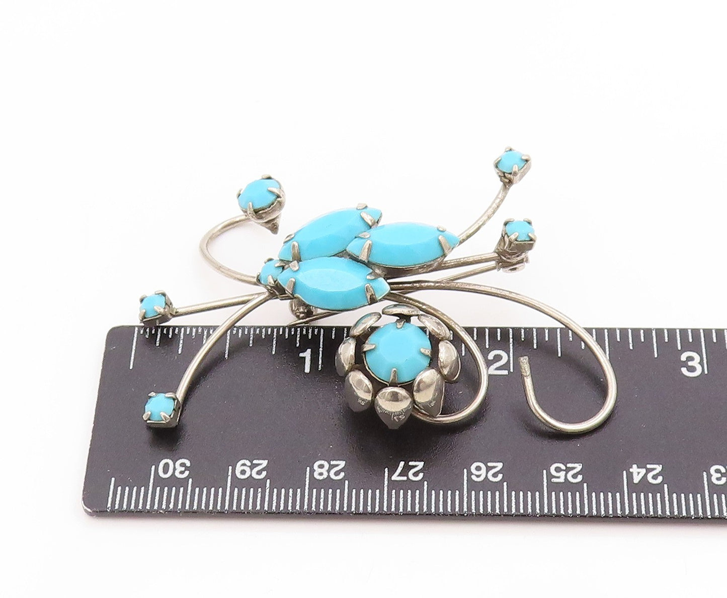 925 Sterling Silver Vintage Brooch Pin Modernist Turquoise Swirly Flower BP12275