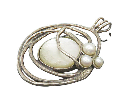 925 Sterling Silver Vintage Pearls & Mother Of Pearl Modernist Pendant PT15287