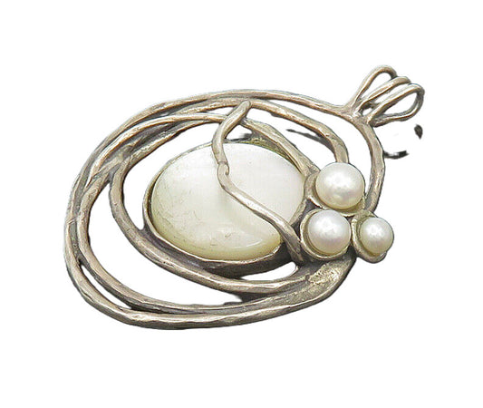 925 Sterling Silver Vintage Pearls & Mother Of Pearl Modernist Pendant PT15287