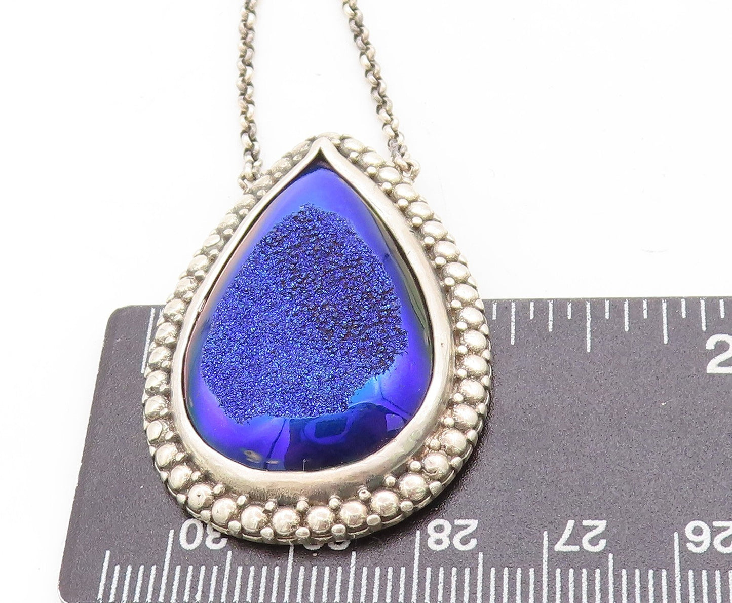 BERIA 925 Silver  Vintage Pear Shape Blue Druzy Stone Chain Necklace  NE1384