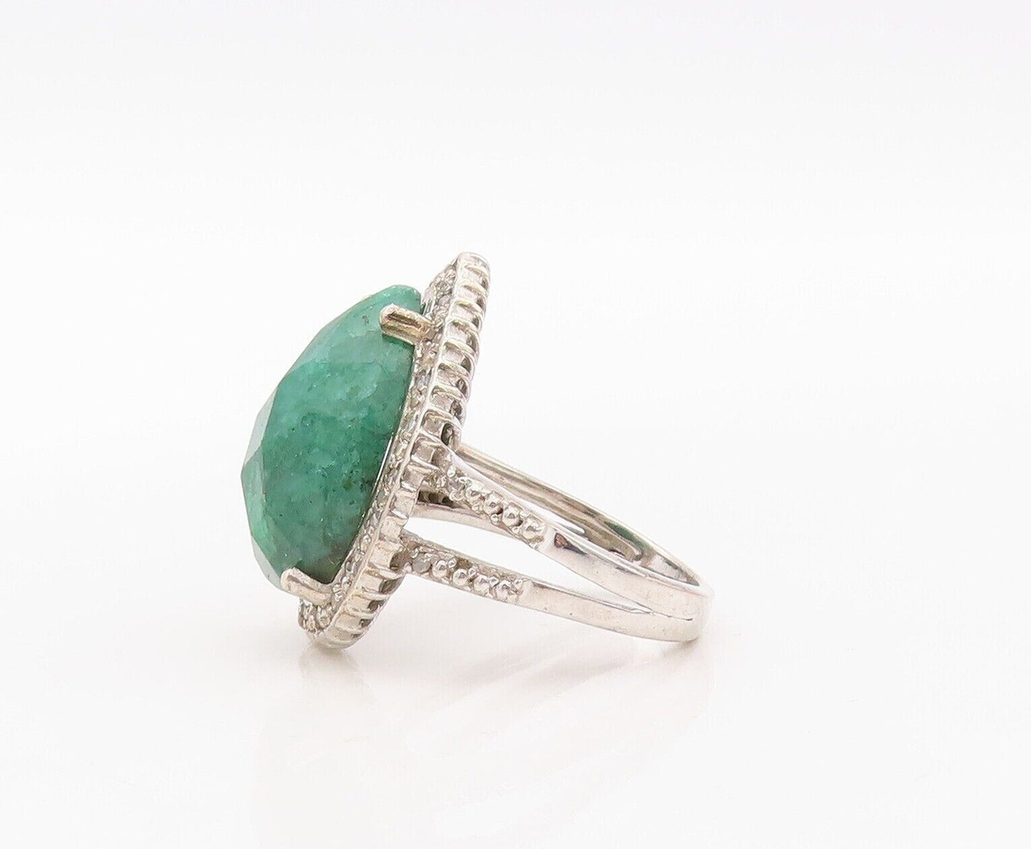 925 Sterling Silver Vintage Ring Green Gemstone Halo Diamonds  Sz 7  RG29950