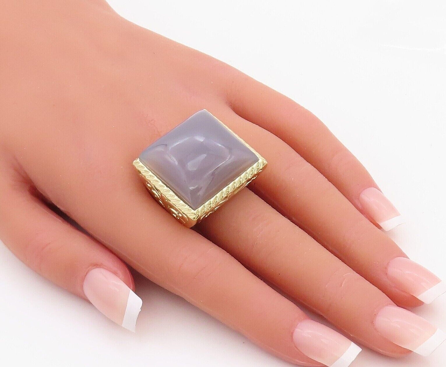 925 Sterling Silver Vintage Ring Gold Plated Carved Square Gemstone Sz 8 RG30077