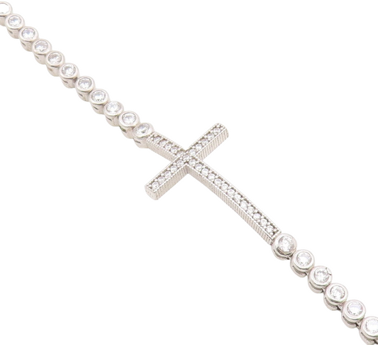 925 Silver  Vintage Cubic Zirconia Religious Cross Chain Bracelet  BT8355