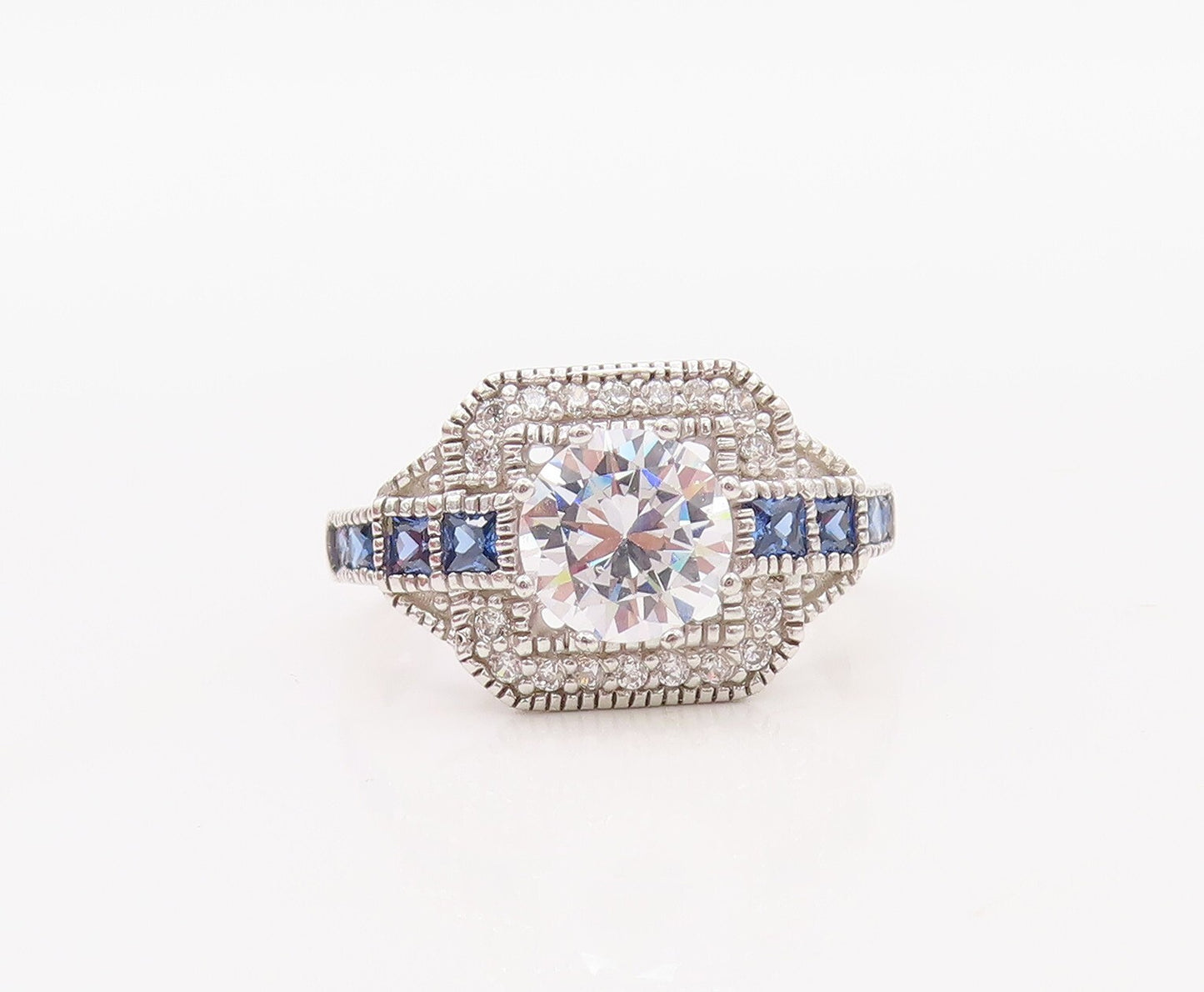 925 Sterling Silver Vintage Ring Designer CZ & Square Sapphire   Sz 7  RG30780