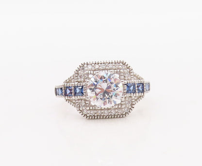 925 Sterling Silver Vintage Ring Designer CZ & Square Sapphire   Sz 7  RG30780