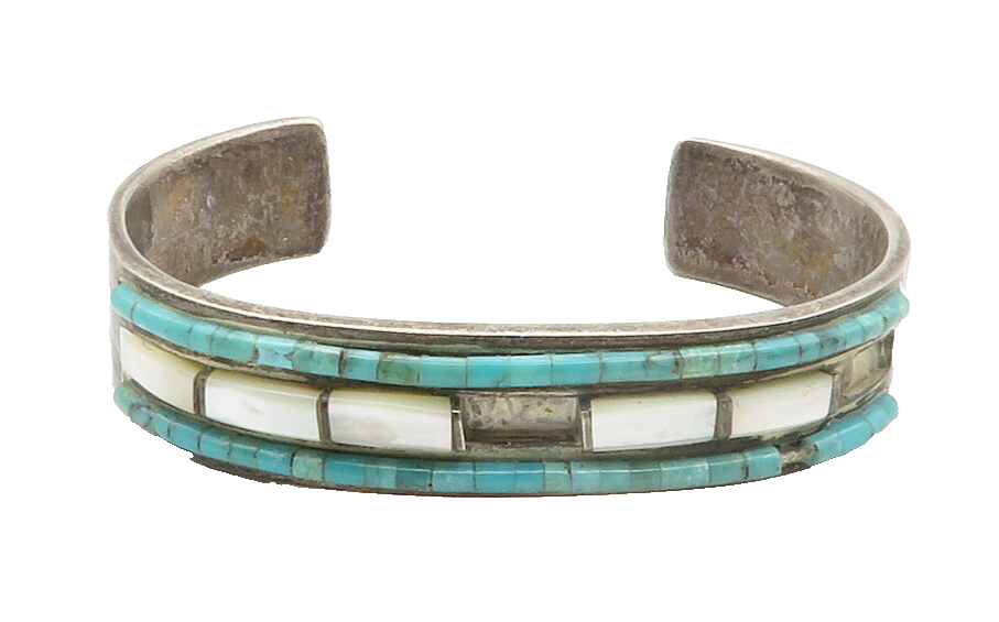 ZUNI 925 Silver  Vintage Mother Of Pearl & Turquoise Cuff Bracelet  BT5731