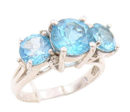 925 Sterling Silver Vintage Ring Three Stone Blue Topaz Band  Sz 7  RG34735