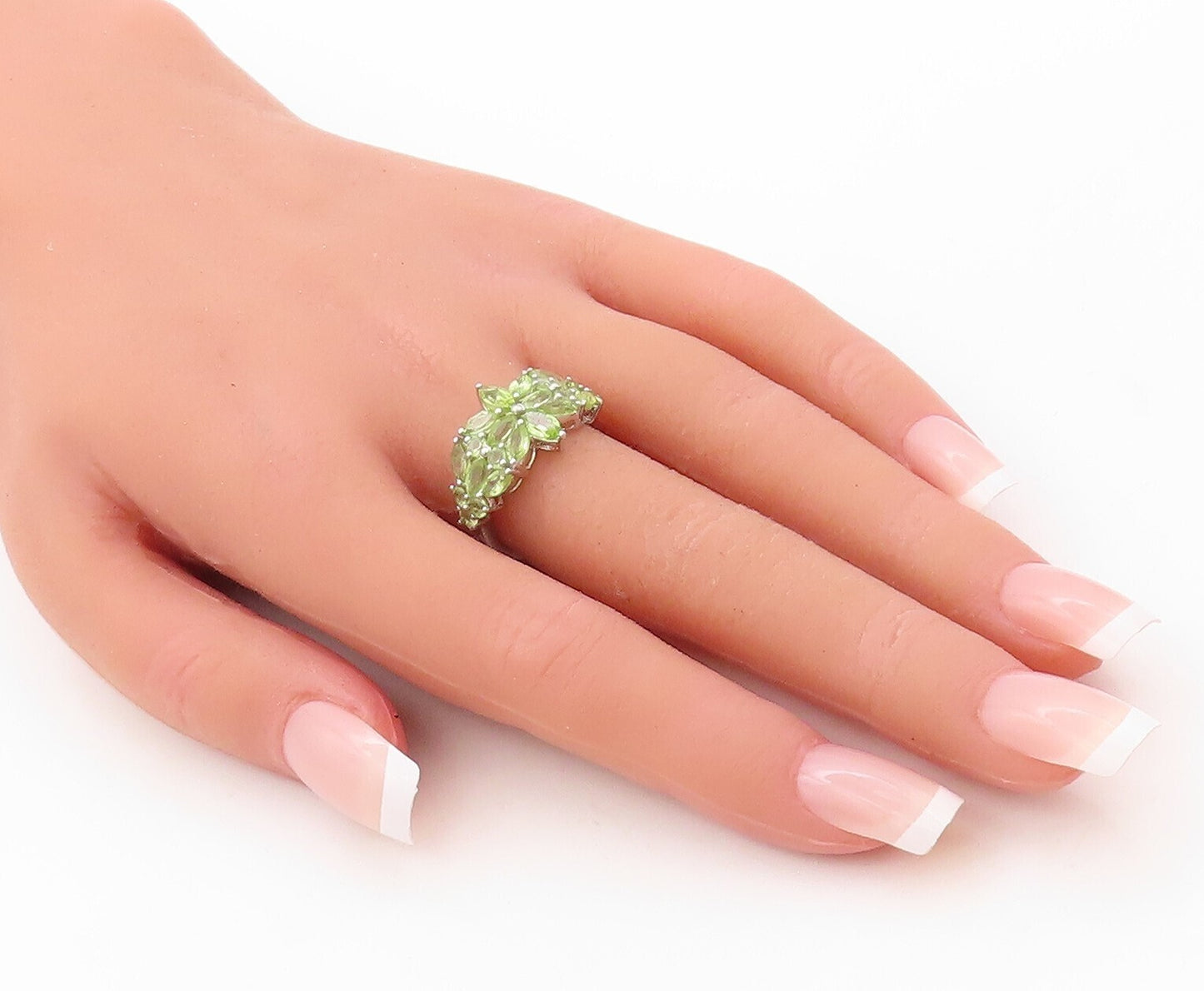 925 Sterling Silver Vintage Ring Floral Marquise Cut Peridot Inlay Sz 7  RG30824