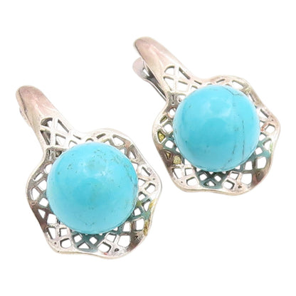 925 Sterling Silver Vintage Earrings Turquoise Geometric Openwork Drop  EG14217