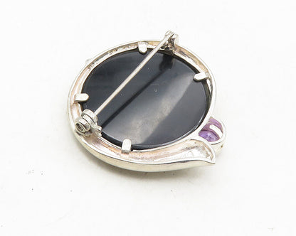 925 Sterling Silver  Vintage Black Onyx & Amethyst Round Brooch Pin  BP3829
