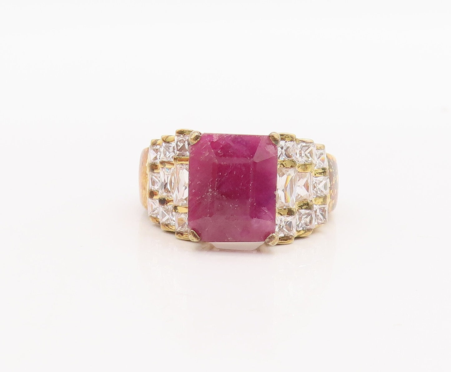 925 Sterling Silver Vintage Ring Gold Plated Ruby & Step Inlay CZ  Sz 7  RG29277