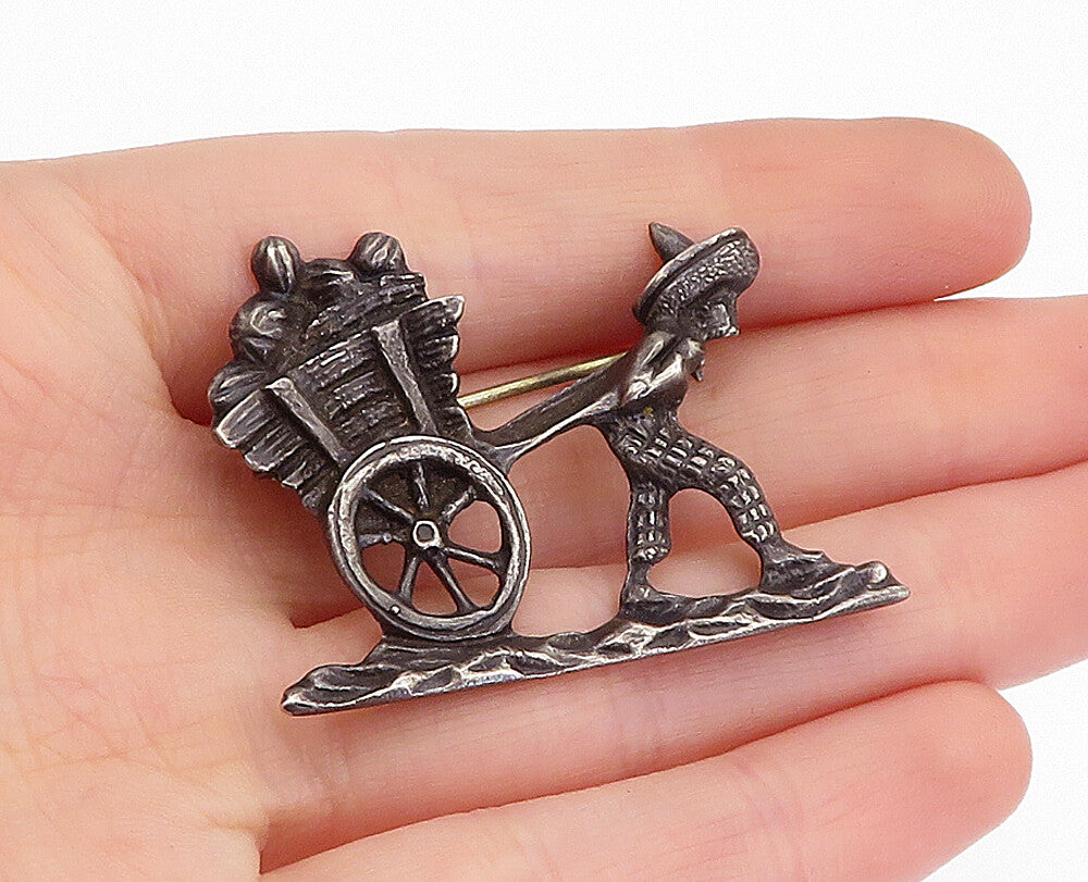 925 Sterling Silver  Vintage Oxidized Man & Wheel Barrow Brooch Pin  BP1487