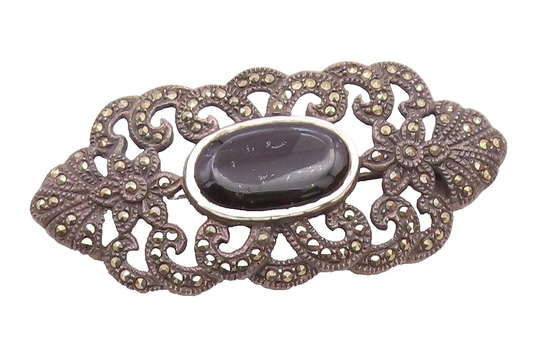 925 Sterling Silver  Vintage Black Onyx & Marcasite Floral Brooch Pin  BP6401