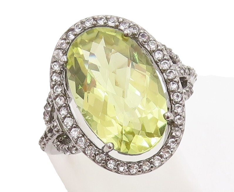 925 Sterling Silver Vintage Ring Oval Citrine Halo Topaz Ring  Sz 7.5  RG30519